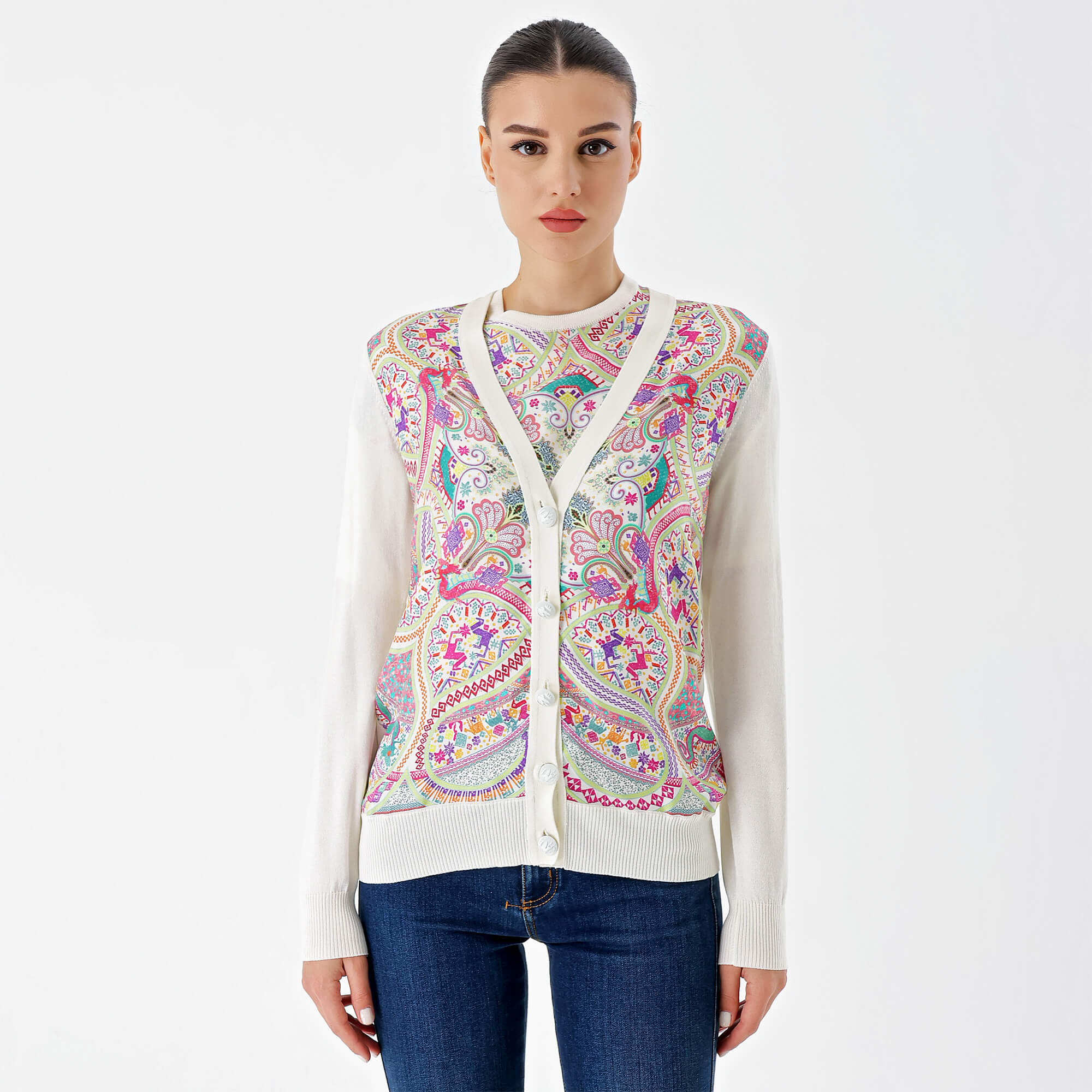 Etro-White&Pink Silk Front Knit Cardigan and T-Shirt Set